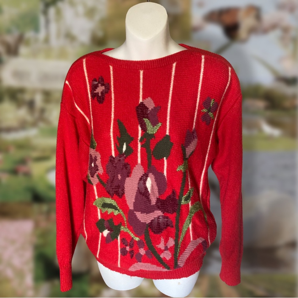 Vintage EDDIE DASSIN cottage core burnt out detail floral/rose knit sweater